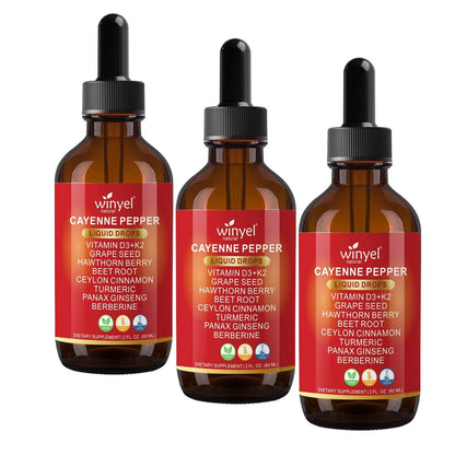 Doba WINYEL Cayenne Pepper Drops herbal supplement bottle with ingredients like hawthorn berry, turmeric, and cinnamon, 60ML.