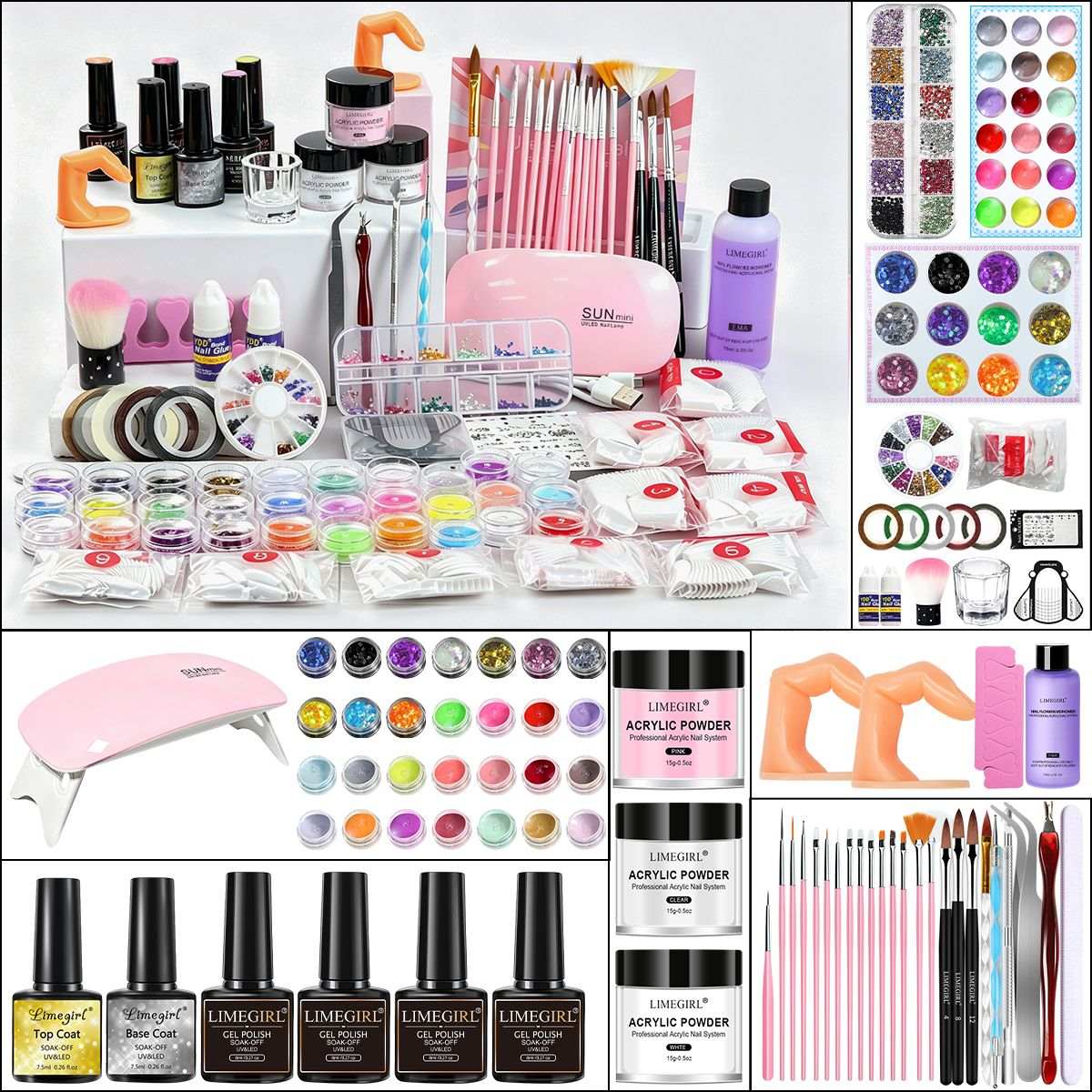 Doba acrylic nail kit with three powders, monomer, glitter, UV LED lamp, gel polish, and professional nail tools for DIY extensions.