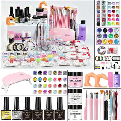 Doba acrylic nail kit with three powders, monomer, glitter, UV LED lamp, gel polish, and professional nail tools for DIY extensions.