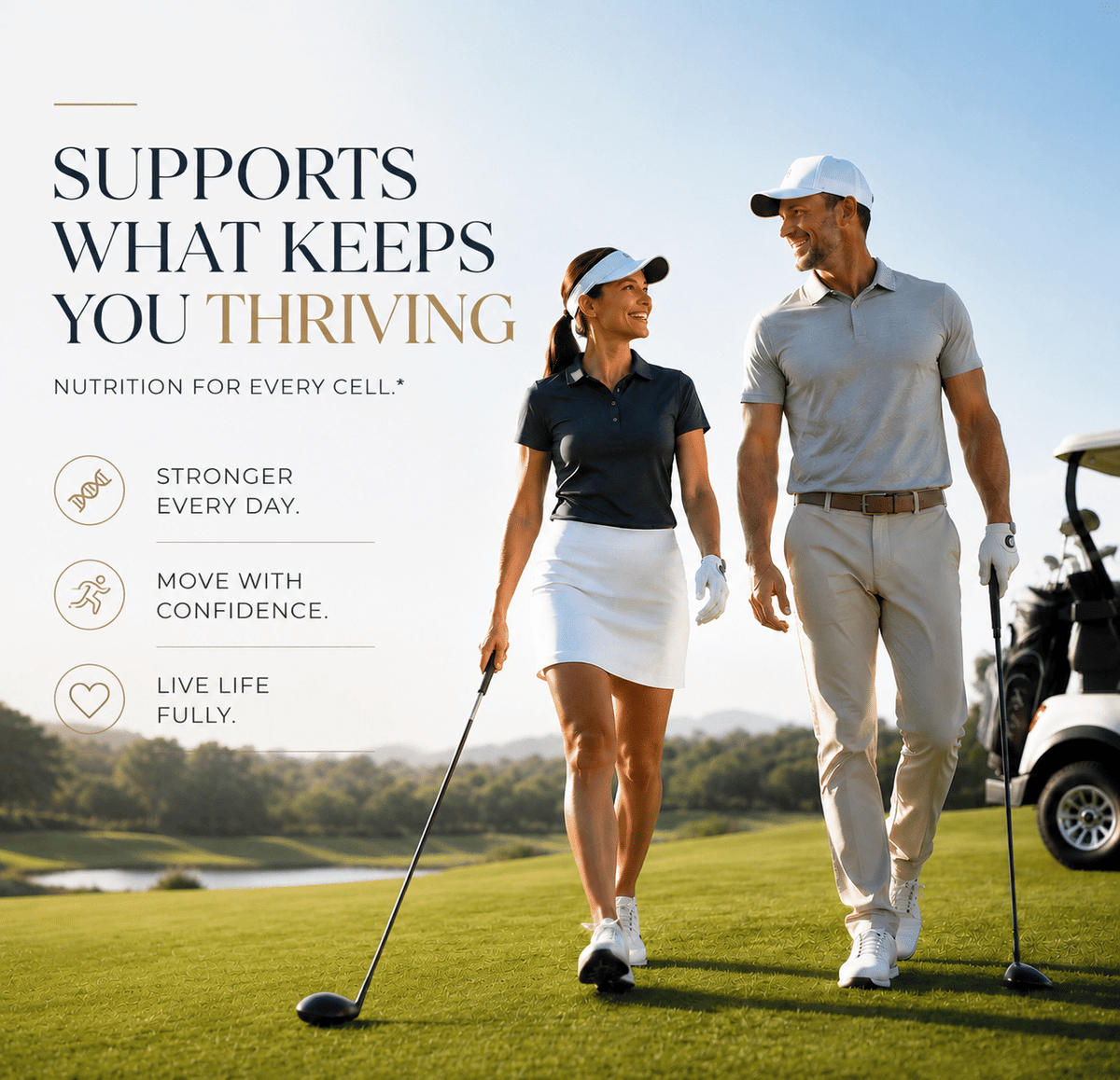 Urolithin A Supplement promotional image with active mature man and woman in sporty golf attire walking on green course