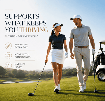 Urolithin A Supplement promotional image with active mature man and woman in sporty golf attire walking on green course