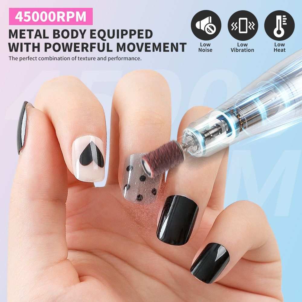 Doba electric nail drill with rechargeable cordless design, 45,000 RPM, suitable for acrylic nails, manicures, and pedicures.