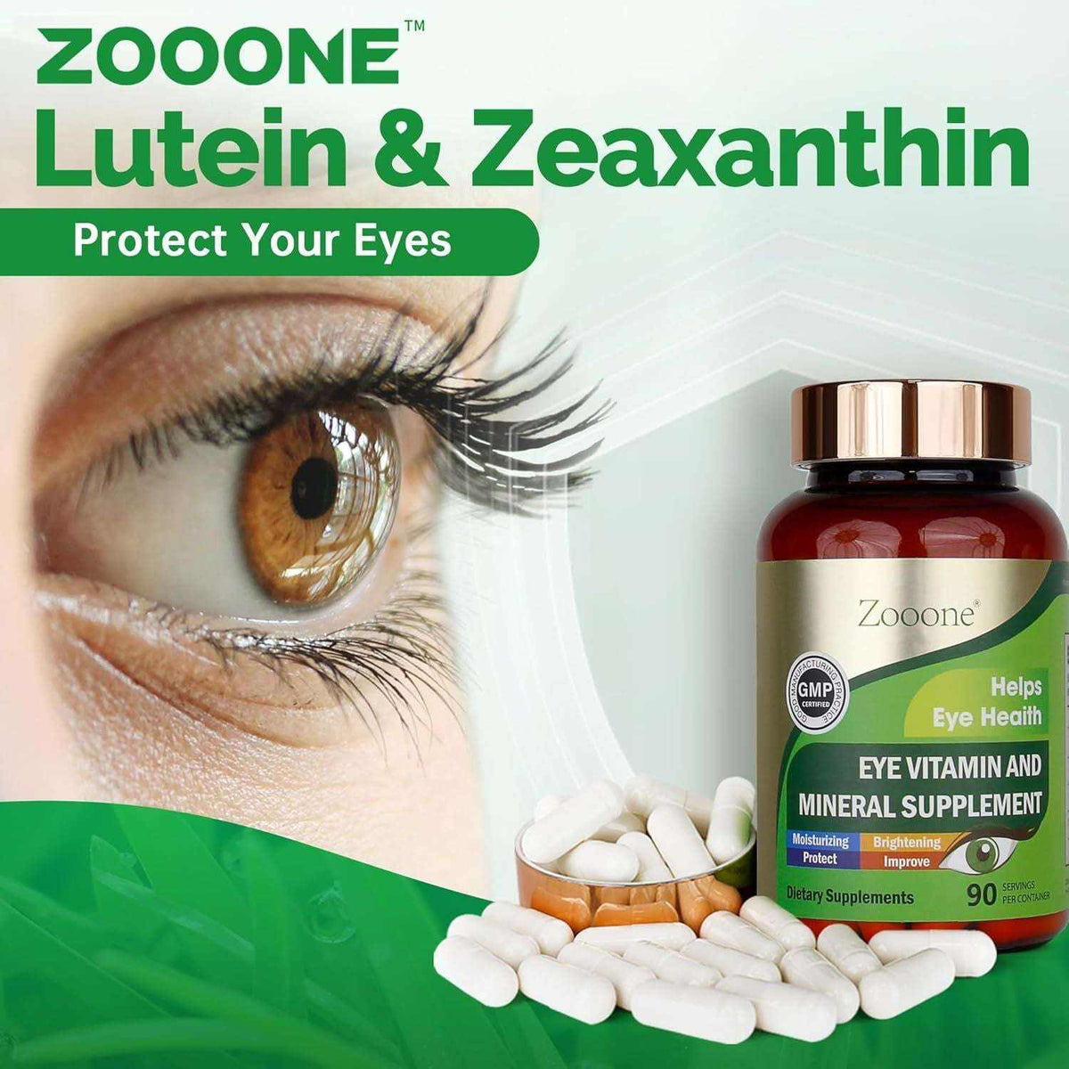 Doba Zooone Lutein and Zeaxanthin eye vitamins in 90 capsules, featuring vitamins C, E, zinc, and copper for eye health support