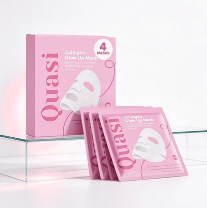 4-count Hydrating Collagen Facial Mask set in pink packaging with white sheet mask illustration, moisturizing glow boost design