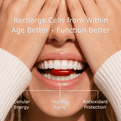 Close-up of a smiling person holding a red Urolithin A Supplement softgel capsule between their teeth, highlighting cellular energy and healthy aging.