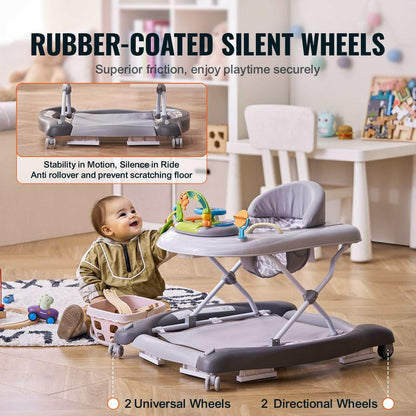 Doba 4-in-1 baby walker with adjustable height, music and toy tray, foldable activity center, on wheels for toddlers 6-24 months.