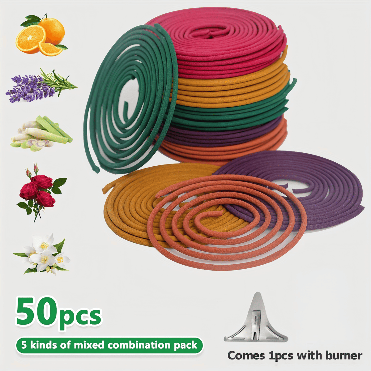Set of 50 Doba spiral incense coils in lemongrass, rose, jasmine, lavender, and orange for aromatherapy, meditation, and home relaxation.