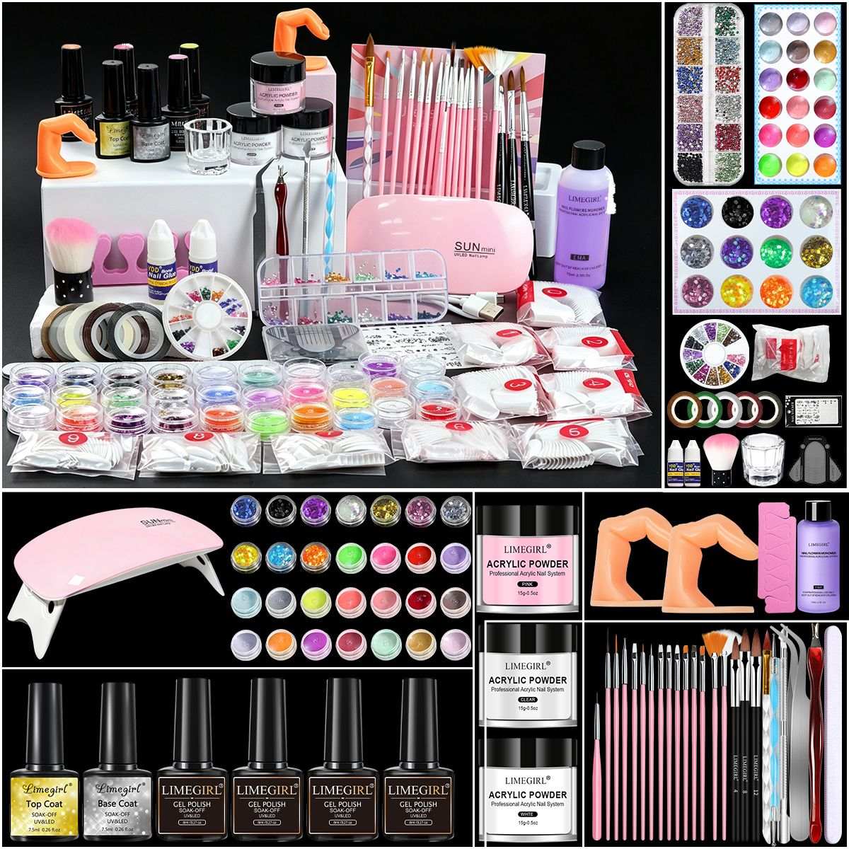 Doba acrylic nail kit with three acrylic powders, monomer liquid, glitter, UV LED lamp, gel polish, and professional nail tools.