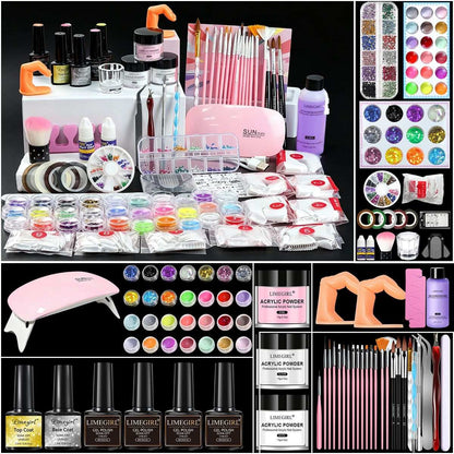 Doba acrylic nail kit with three acrylic powders, monomer liquid, glitter, UV LED lamp, gel polish, and professional nail tools.