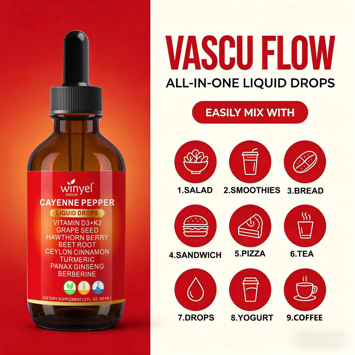 Doba WINYEL Cayenne Pepper Drops herbal supplement bottle with cayenne, hawthorn, turmeric, and other ingredients, 60ML.