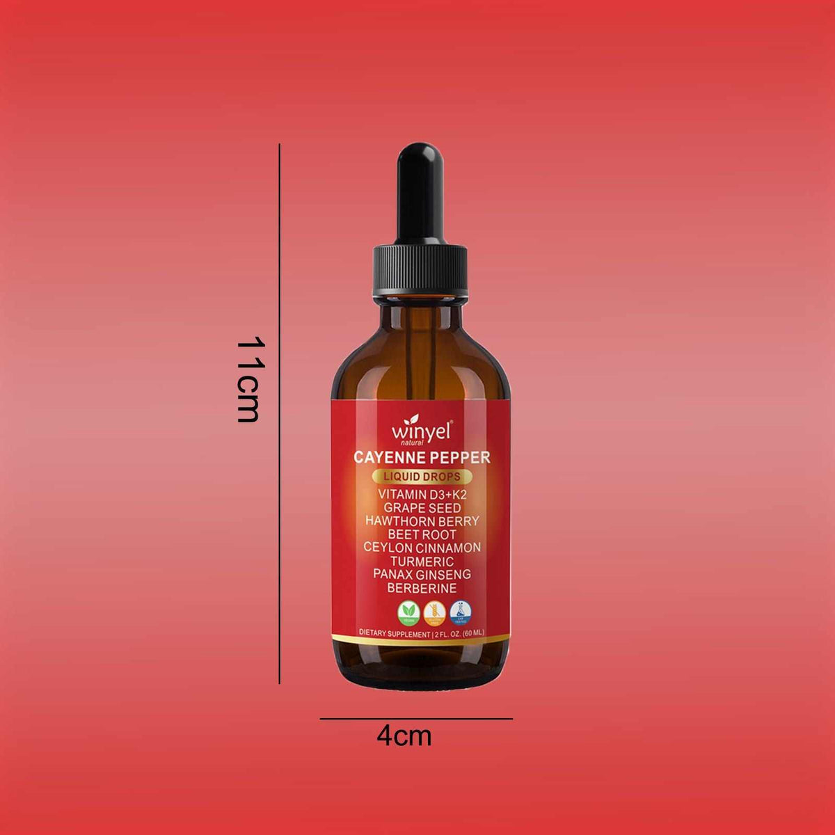 Doba WINYEL Cayenne Pepper Drops herbal supplement bottle with cayenne pepper, hawthorn berry, turmeric, cinnamon, beet root, and berberine.