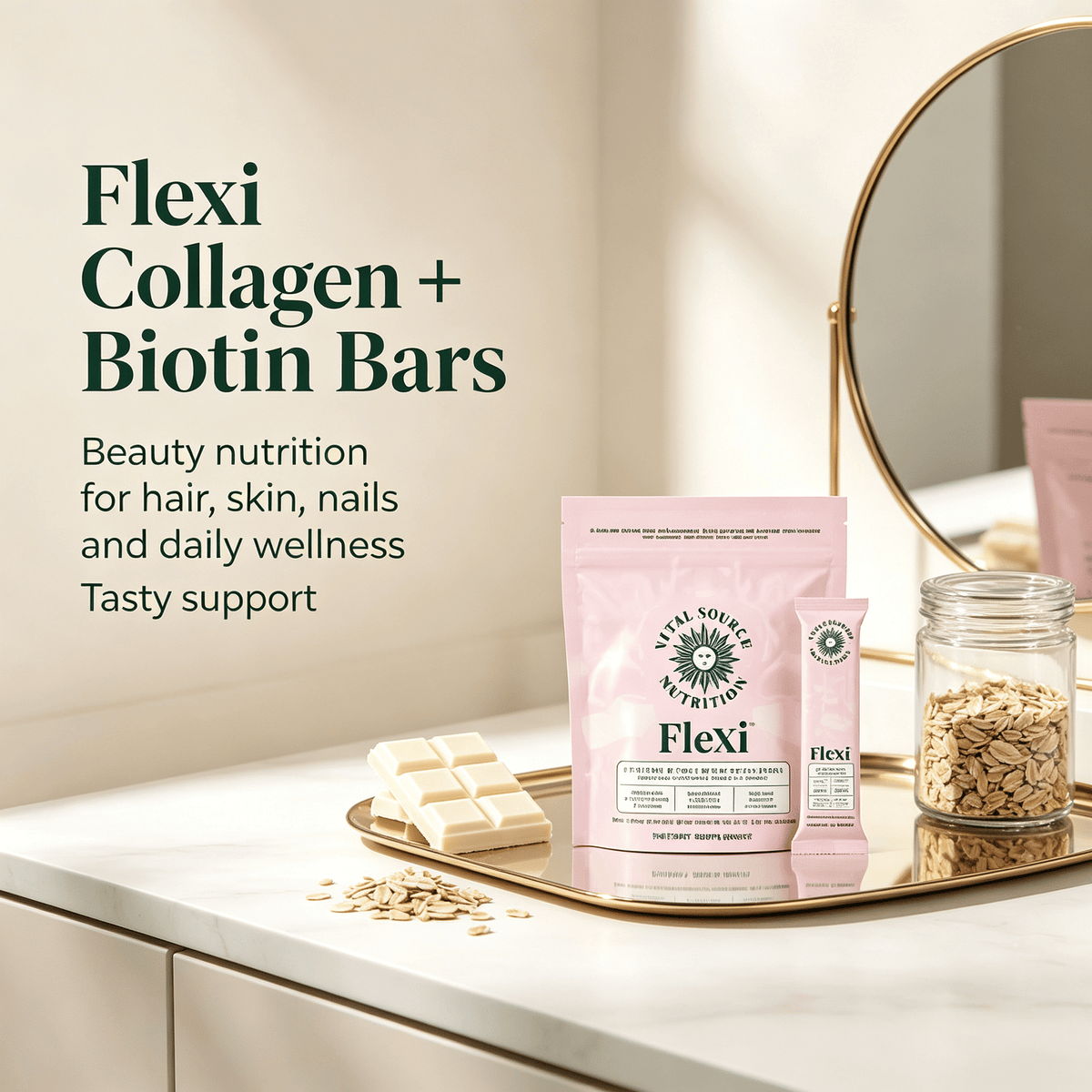 Collagen & Biotin Nutrition Bars in pink resealable pouch with individual stick packs, supporting hair skin and nails wellness.