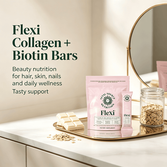 Collagen & Biotin Nutrition Bars in pink resealable pouch with individual stick packs, supporting hair skin and nails wellness.