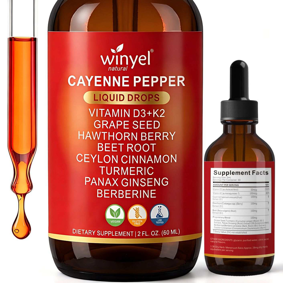Doba WINYEL Cayenne Pepper Drops herbal supplement bottle with cayenne pepper, hawthorn berry, turmeric, cinnamon, beet root, and berberine.