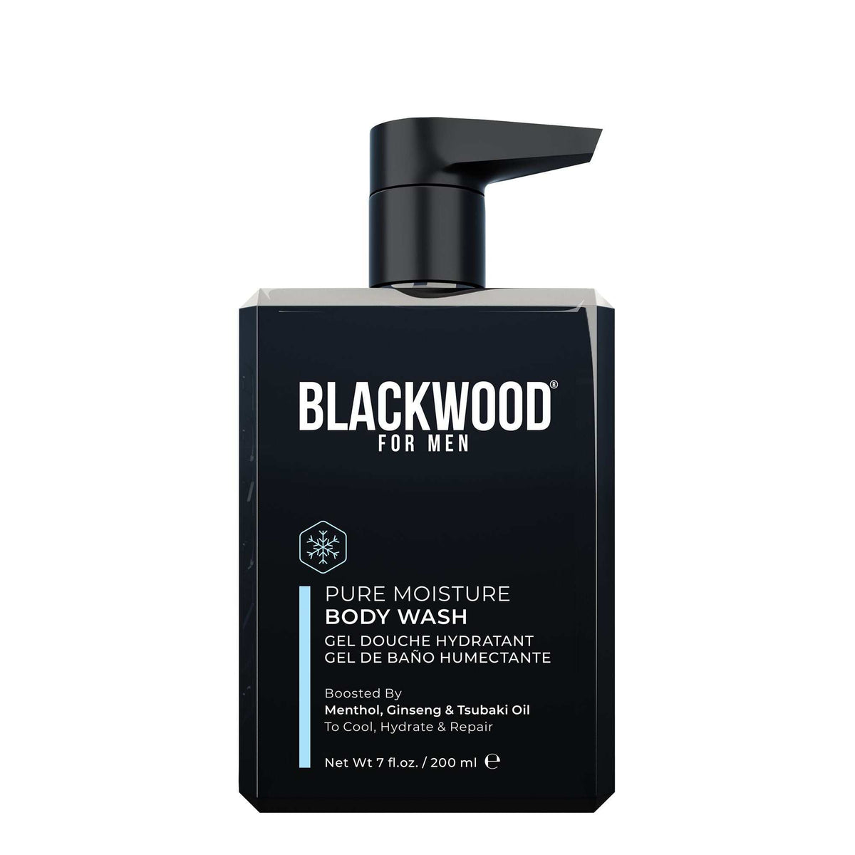 Pure Moisture Body Wash in a sleek black rectangular pump bottle with white and light blue text, designed for men’s skincare.