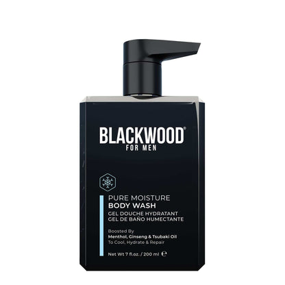 Pure Moisture Body Wash in a sleek black rectangular pump bottle with white and light blue text, designed for men’s skincare.