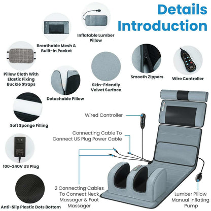Full Body Electric Massage grey velvet mat with soft sponge, inflatable lumbar pillow, detachable neck and foot massagers, wired controller, anti-slip bottom.