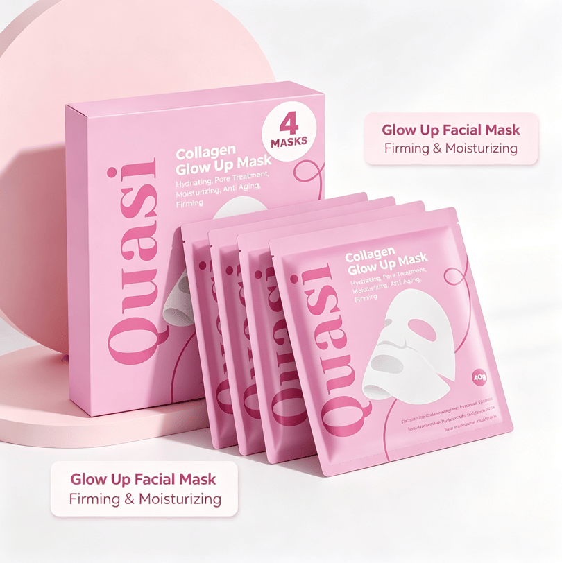 Hydrating Collagen Facial Mask set with four pink single-use sachets and a matching pink box, firming and moisturizing formula.