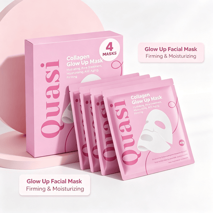 Hydrating Collagen Facial Mask set with four pink single-use sachets and a matching pink box, firming and moisturizing formula.