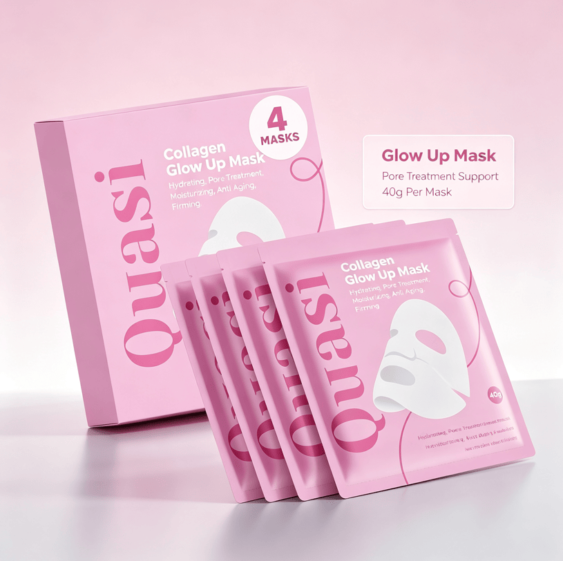 4-pack Hydrating Collagen Facial Mask set with pink packaging, moisturizing glow boost sheet masks for dry dull skin.
