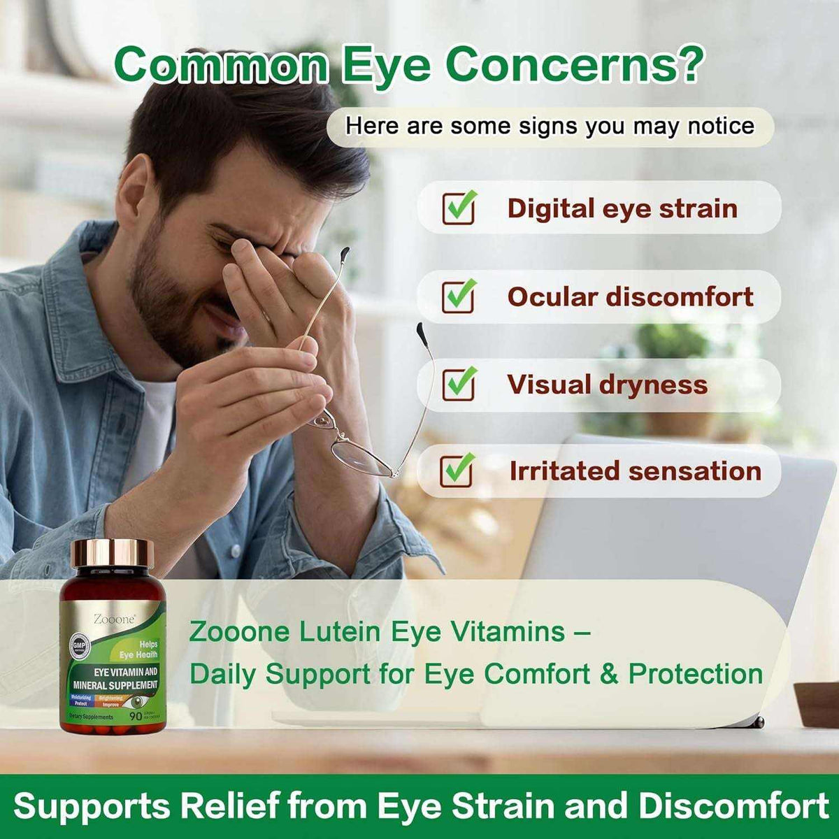 Doba Zooone eye vitamins with lutein and zeaxanthin, supplement bottle of 90 capsules for eye health and vision support.