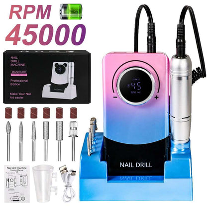 Doba portable electric nail drill with 45000 RPM, rechargeable cordless nail file kit for acrylic, manicure, and pedicure.