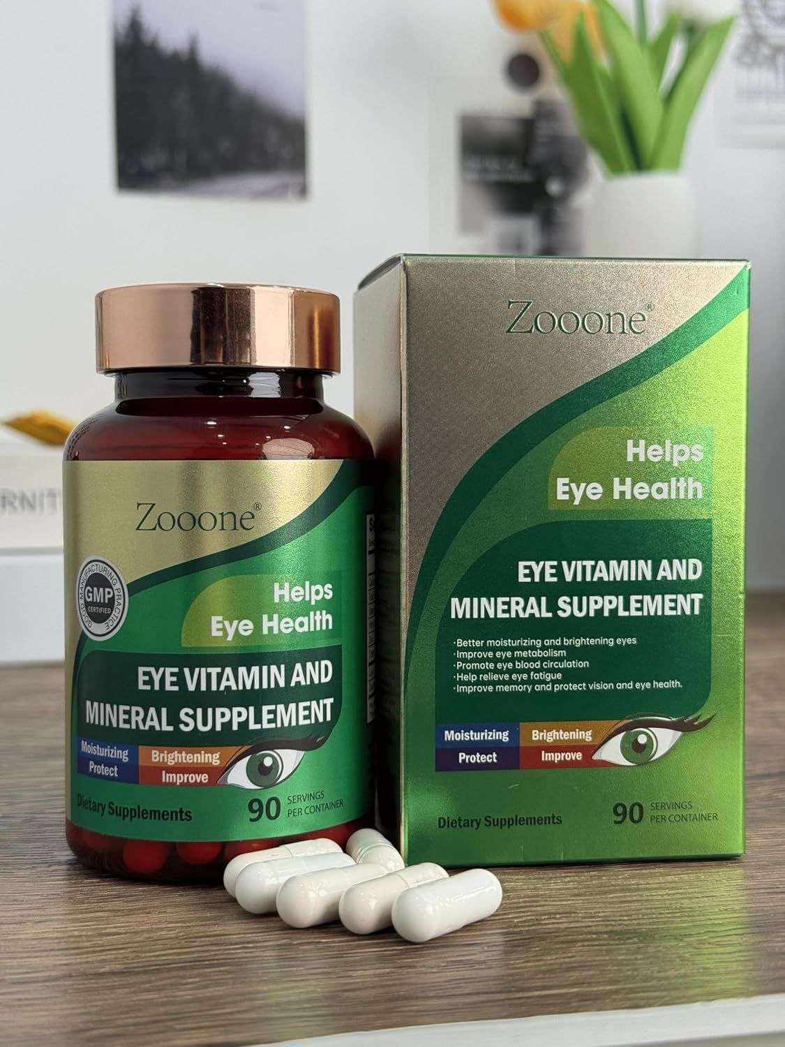 Doba Zooone eye vitamins with lutein, zeaxanthin, vitamin C, E, zinc, and copper in a bottle of 90 capsules for eye health.