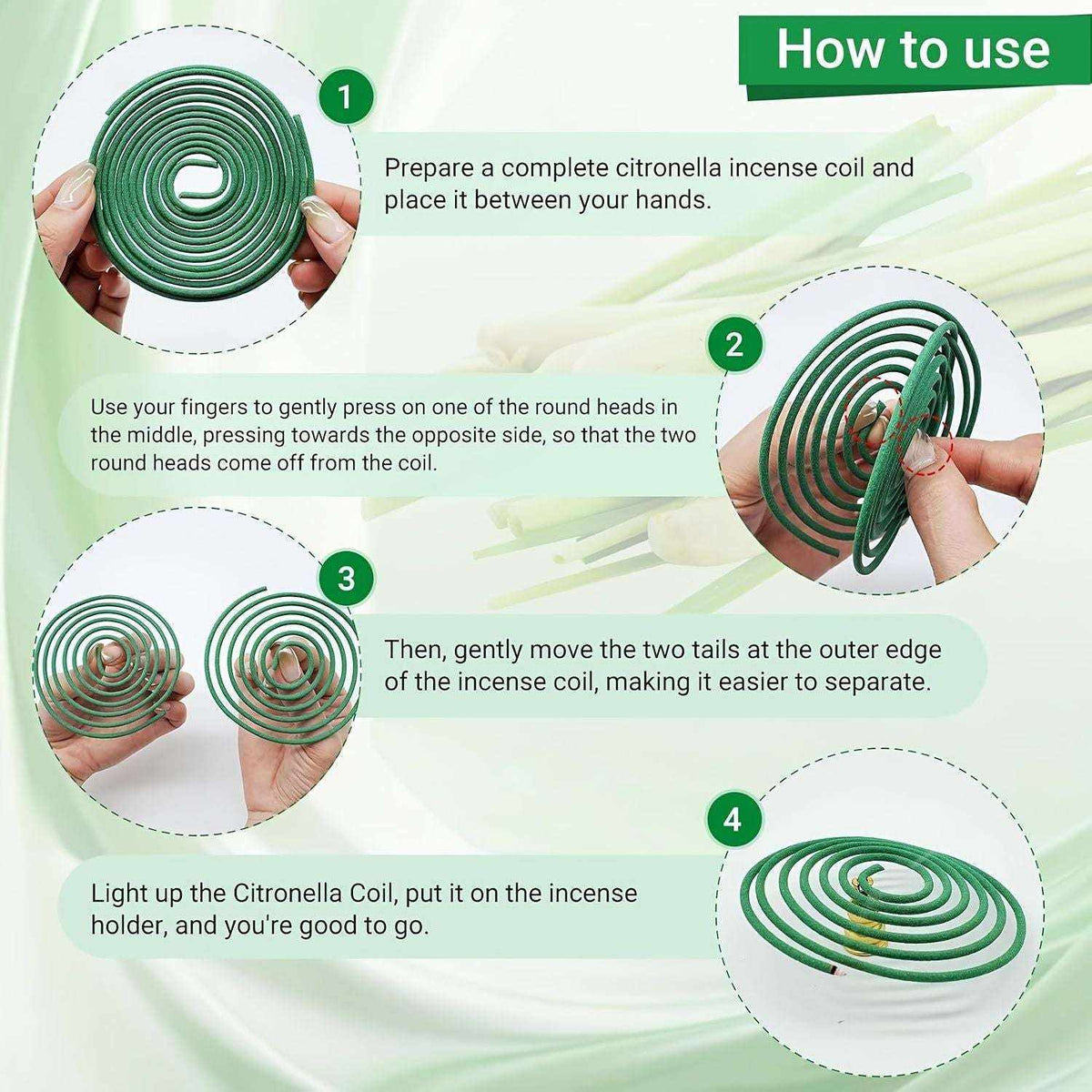 Set of 50 Doba spiral incense coils in lemongrass, rose, jasmine, lavender, and orange scents for air purification, yoga, and relaxation.