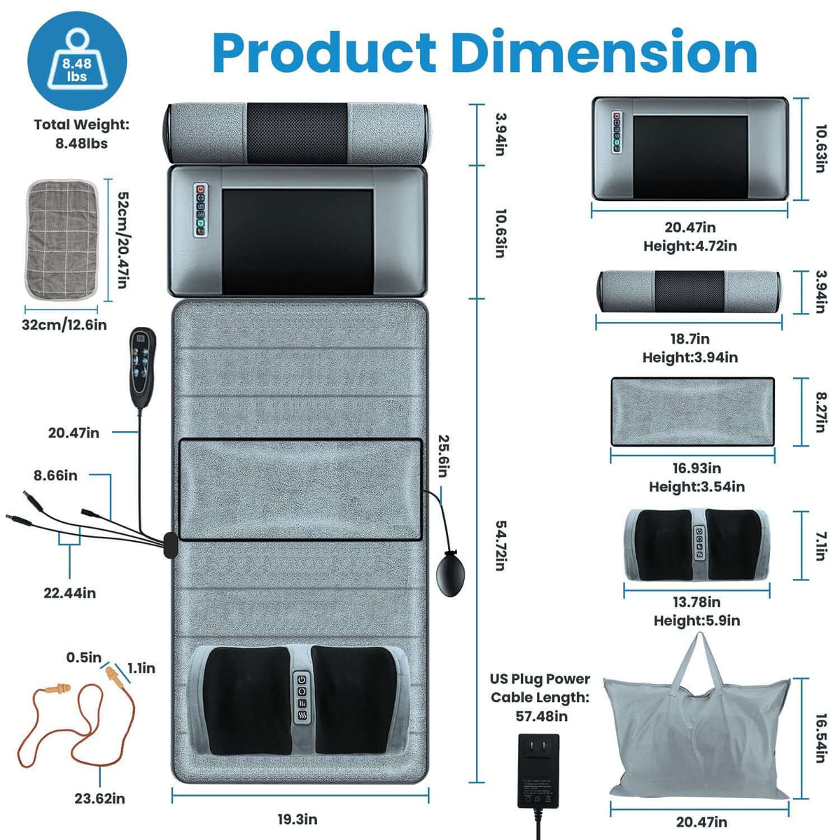 Full Body Electric Massage grey velvet mat with detachable neck, foot massagers, inflatable lumbar pillow, head pillow, and remote controller.