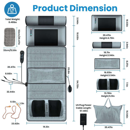 Full Body Electric Massage grey velvet mat with detachable neck, foot massagers, inflatable lumbar pillow, head pillow, and remote controller.