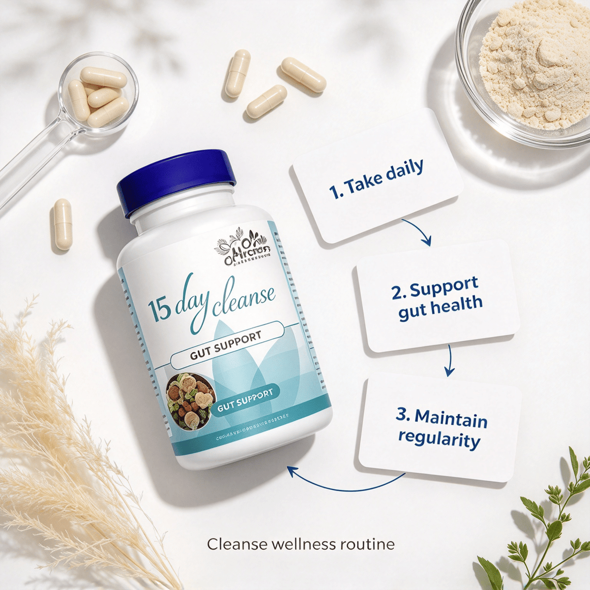 Doba Botanical Blend Gut Wellness Capsules with natural plant extracts in clear capsules, designed for digestive support.