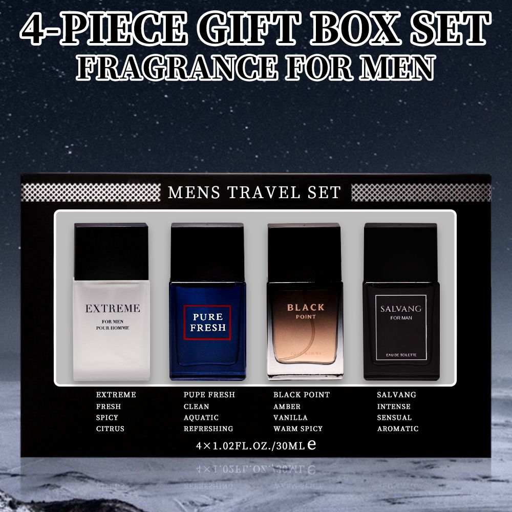 Doba men's 4-piece Eau De Toilette spray gift set with four different fragrances, each 1.02 fl oz, perfect for holidays and daily wear.