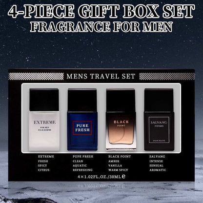 Doba men's 4-piece Eau De Toilette spray gift set with four different fragrances, each 1.02 fl oz, perfect for holidays and daily wear.