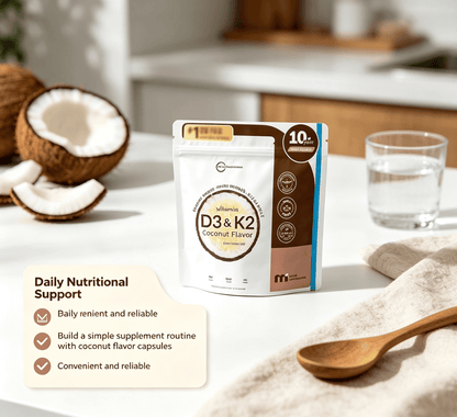 D3 K2 coconut flavor adult vitamin capsules in a resealable pouch on a kitchen counter.