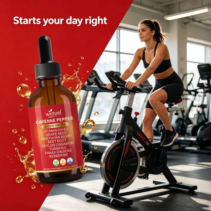 Doba WINYEL Cayenne Pepper Drops herbal supplement bottle with ingredients like hawthorn berry, beet root, cinnamon, turmeric, and berberine.