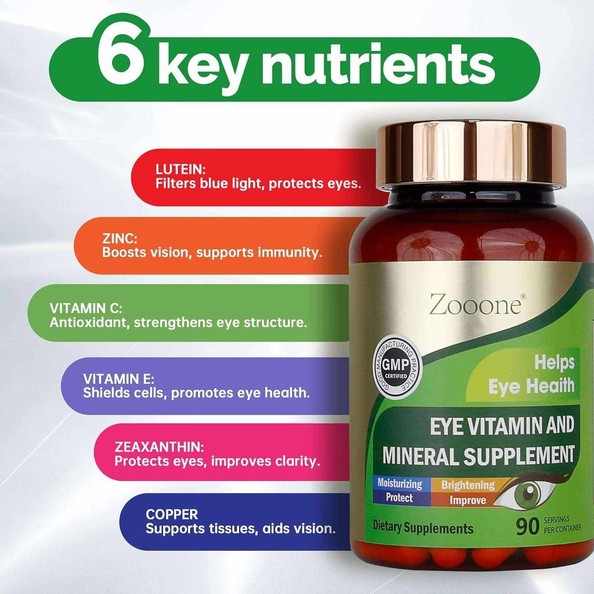 Doba Zooone eye vitamins with lutein, zeaxanthin, vitamins C and E, zinc, copper in a bottle of 90 capsules for eye health.
