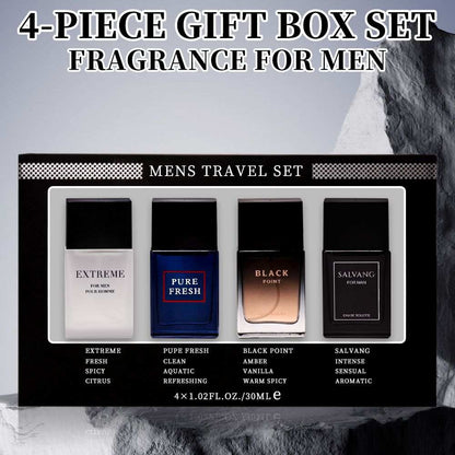 Doba 4-piece men's Eau de Toilette spray gift set with four different fragrances, 1.02 fl oz bottles, ideal for gifting or daily wear.