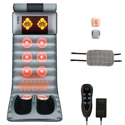Full Body Electric Massage mat in grey velvet with heating and vibration zones, detachable neck and foot massagers, and control unit.