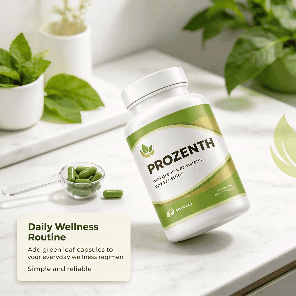 Doba Natural Green Leaf Herbal Capsules, plant-based daily nutritional supplement for wellness support, shown in clear image.