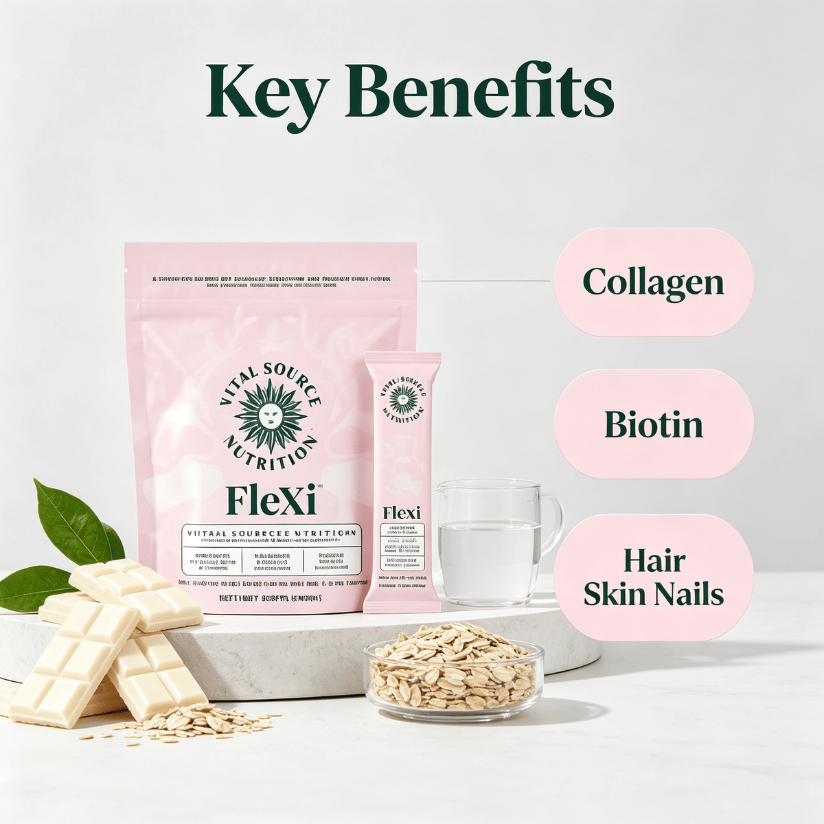 Collagen & Biotin Nutrition Bars in pink resealable pouch with single bar, white chocolate chunks, and oats displayed with benefits text.