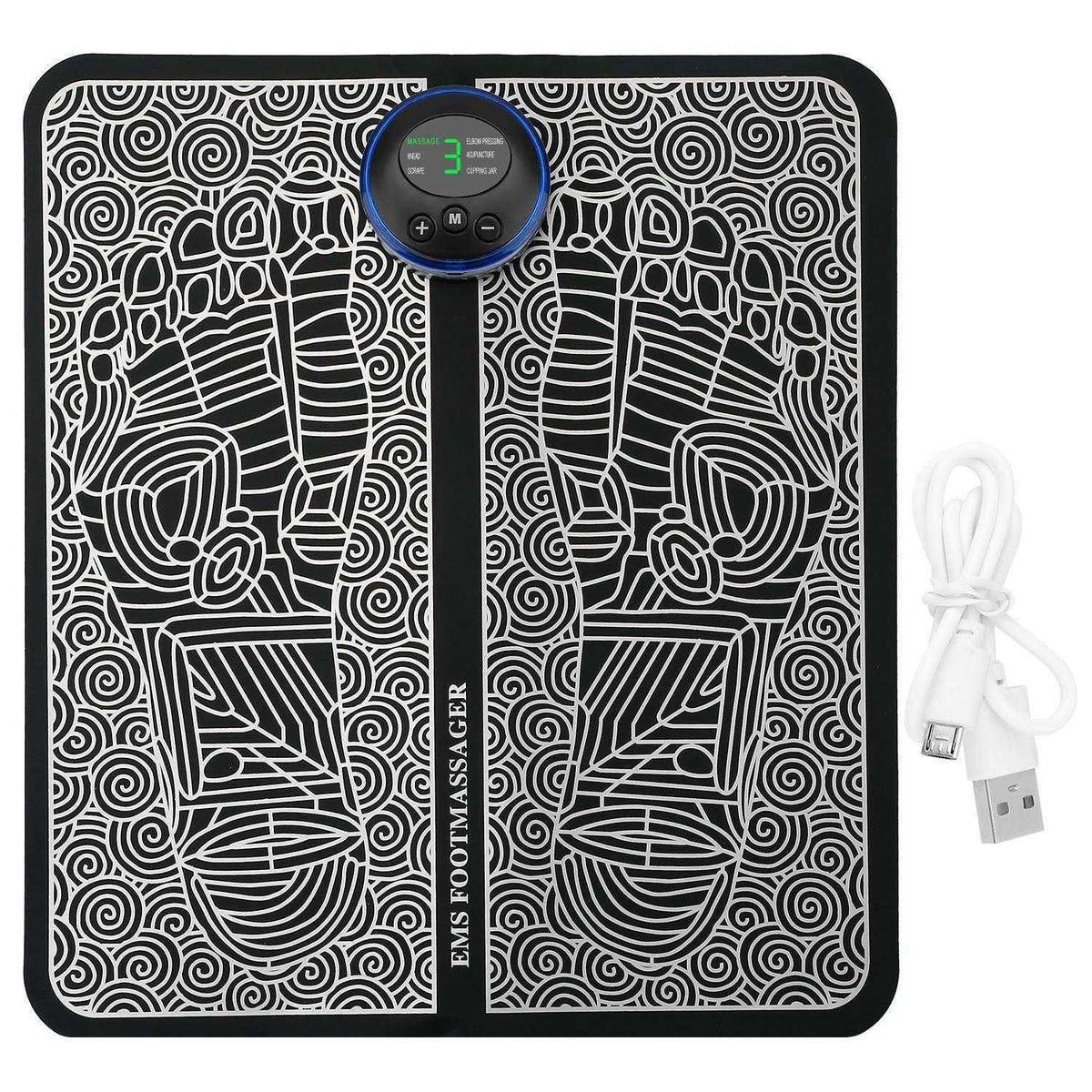 Doba EMS foot massage pad with electric stimulator for leg muscle relaxation and pain relief, rechargeable and reshaping.