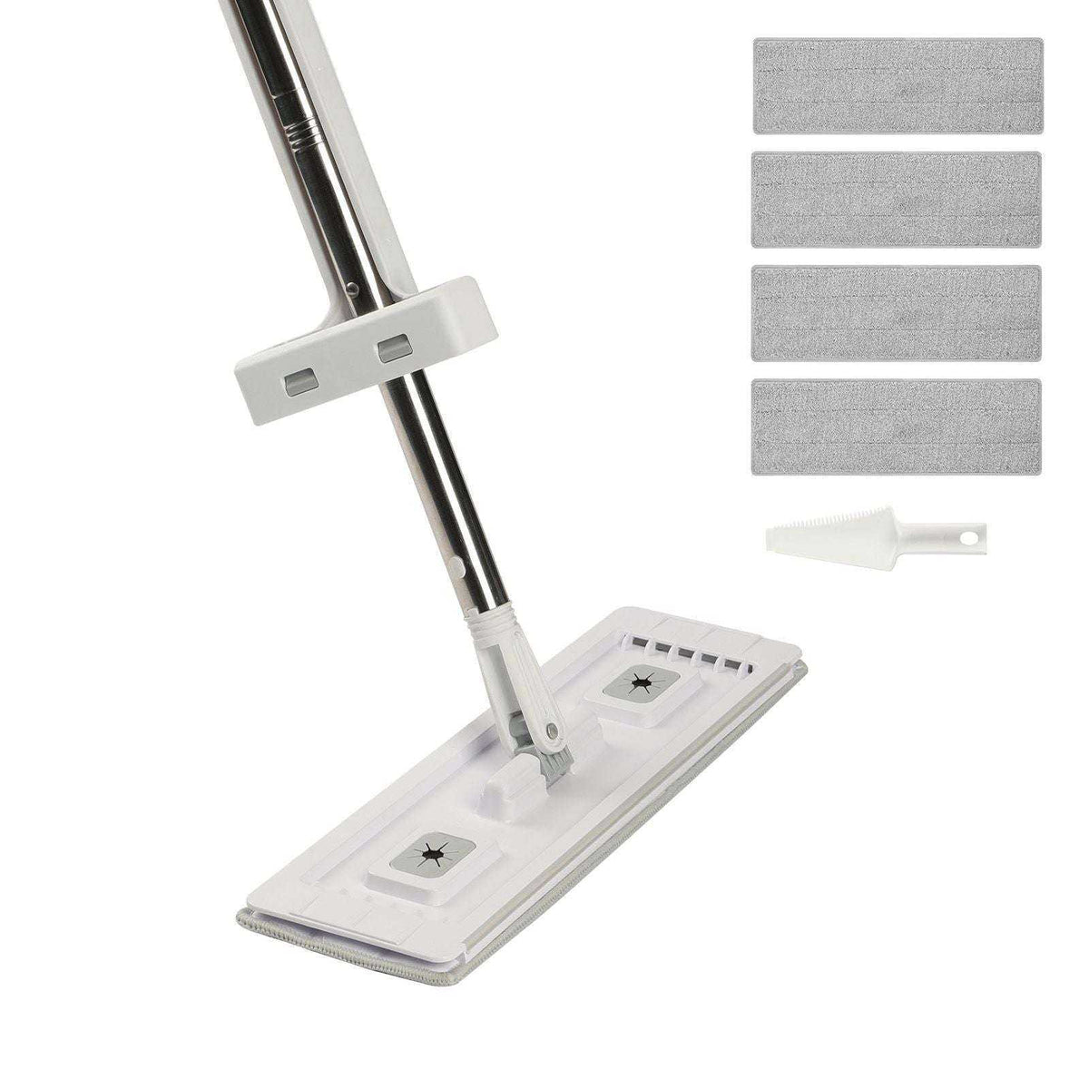 Doba self-wringing microfiber flat mop with stainless steel handle and four washable pads for dry and wet floor cleaning on hardwood and tiles.
