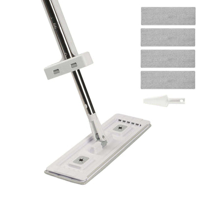 Doba self-wringing microfiber flat mop with stainless steel handle and four washable pads for dry and wet floor cleaning on hardwood and tiles.