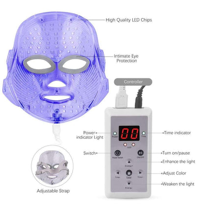 Doba Light Therapy LED Face Mask with 7 colors, 149 LEDs for skin rejuvenation, anti-aging, anti-acne, and facial skin treatment.