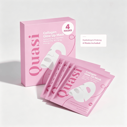 Hydrating Collagen Facial Mask set with 4 pink individual packet sheet masks and matching pink box for skin moisturizing and firming care.
