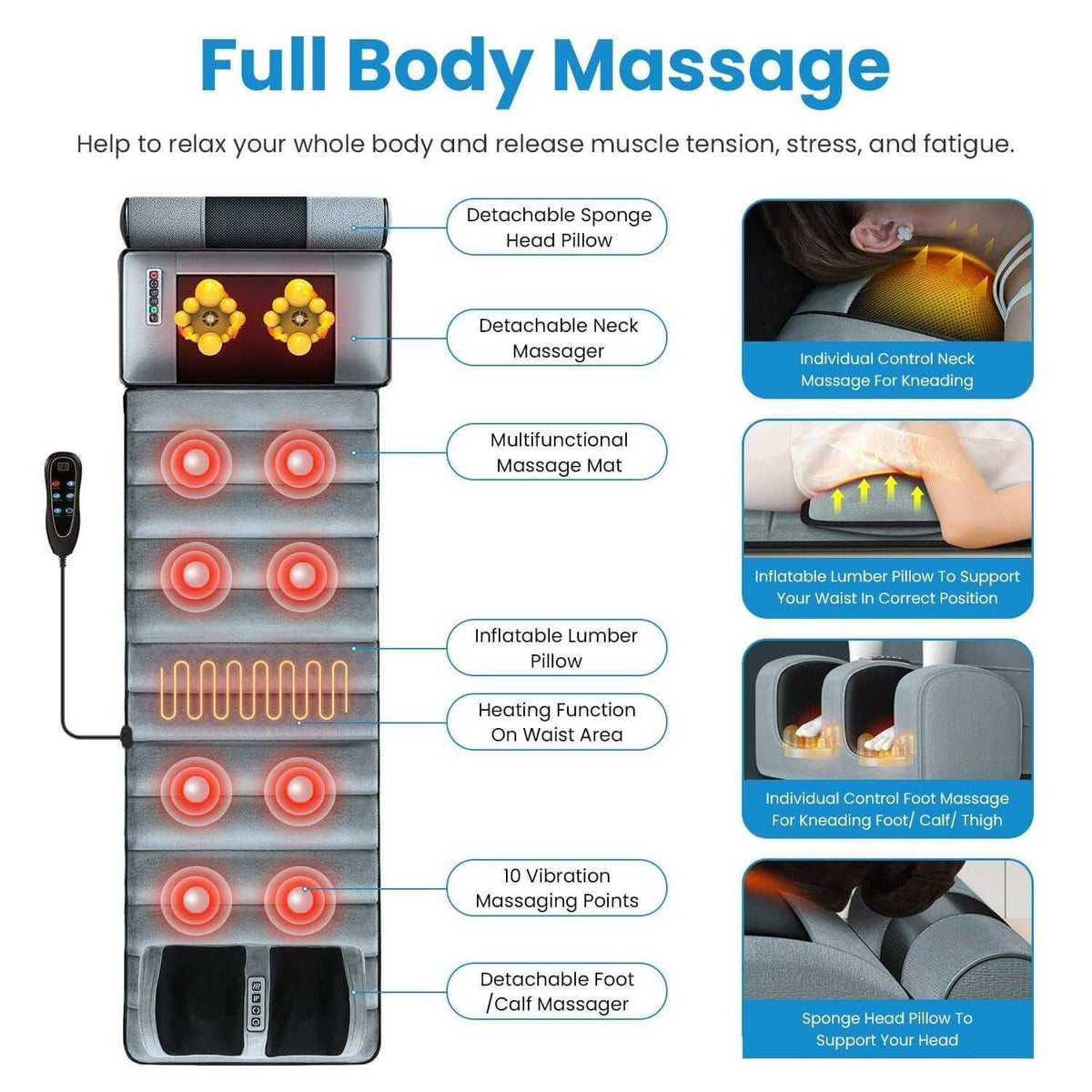 Full Body Electric Massage Mat with detachable pillows and heating function for relaxation and muscle relief.