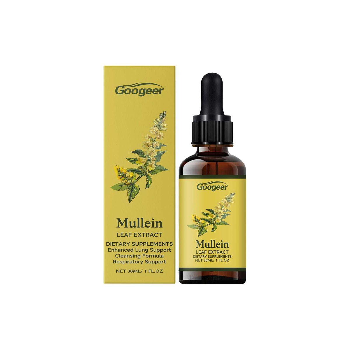 Doba Googeer Mullein Leaf Lung Clearing Drops bottle with dropper, dietary supplement for respiratory support and lung health.