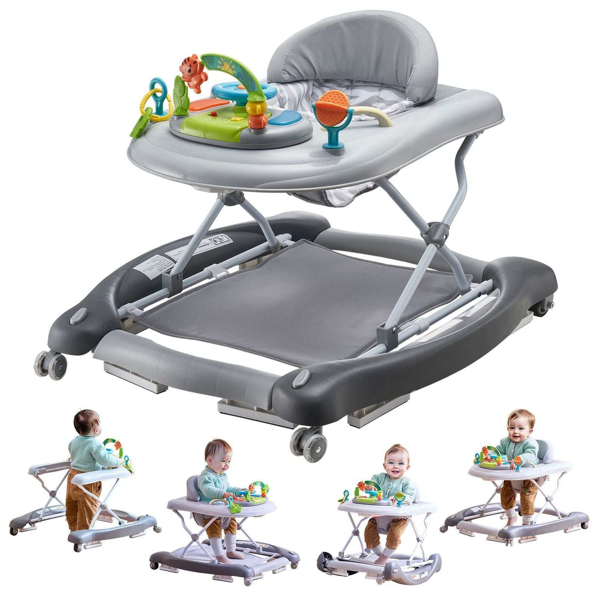 Doba 4-in-1 baby walker with adjustable height, music tray, toys, and foldable design, suitable for toddlers 6-24 months.