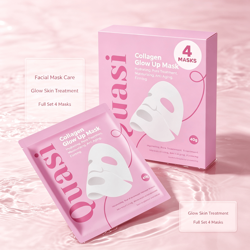 Hydrating Collagen Facial Mask set with 4 pink, soft sheet masks for glow boost, moisturizing, and anti-aging skin care.