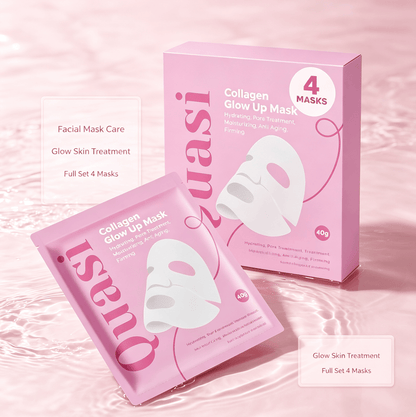 Hydrating Collagen Facial Mask set with 4 pink, soft sheet masks for glow boost, moisturizing, and anti-aging skin care.